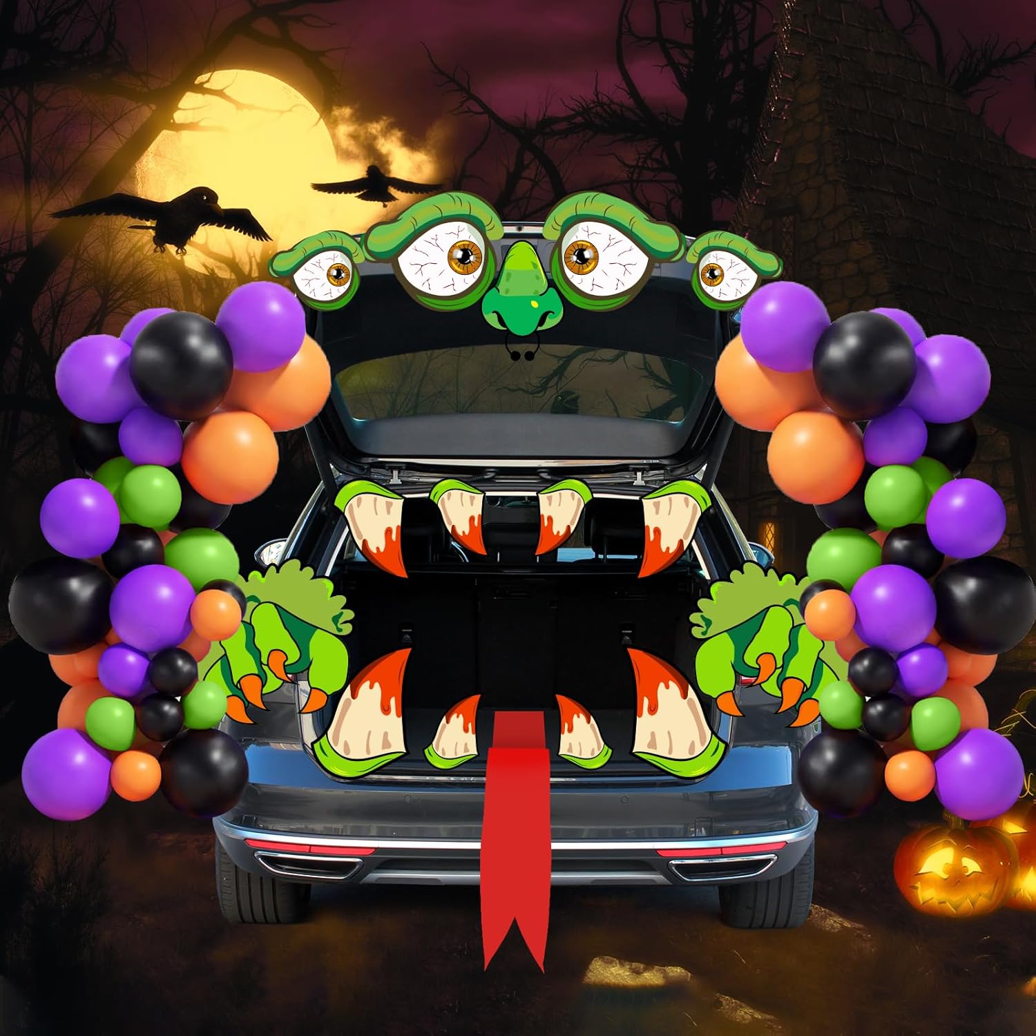 Garage Door Decorations - Halloween Trunk or Treat Car Decorations Kit, Halloween 3D Monster Themed with Eyes, Teeth, and Paws. Halloween Car Garage Door Entryway Archway, Halloween Decor Outdoor, and Home Party Supplies