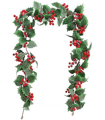 Christmas Artificial Berry Garland - 2 Pack, 15.7ft Total, Holly Leaves With Red Berries For Holiday Home & Party Decoration
