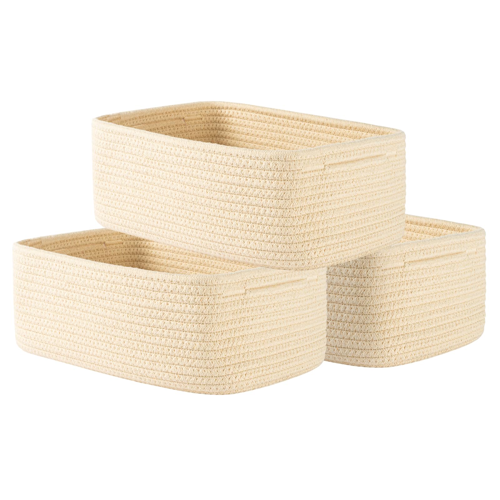 Small Woven Basket, 12 x 8 x 4.5 Inches, Storage Basket for Organizing, Cute Small Rope Shelf Closet Cube Storage Bins Baskets for Shelves, Dog Toy Gift Baskets Empty, 3 Packs, Beige