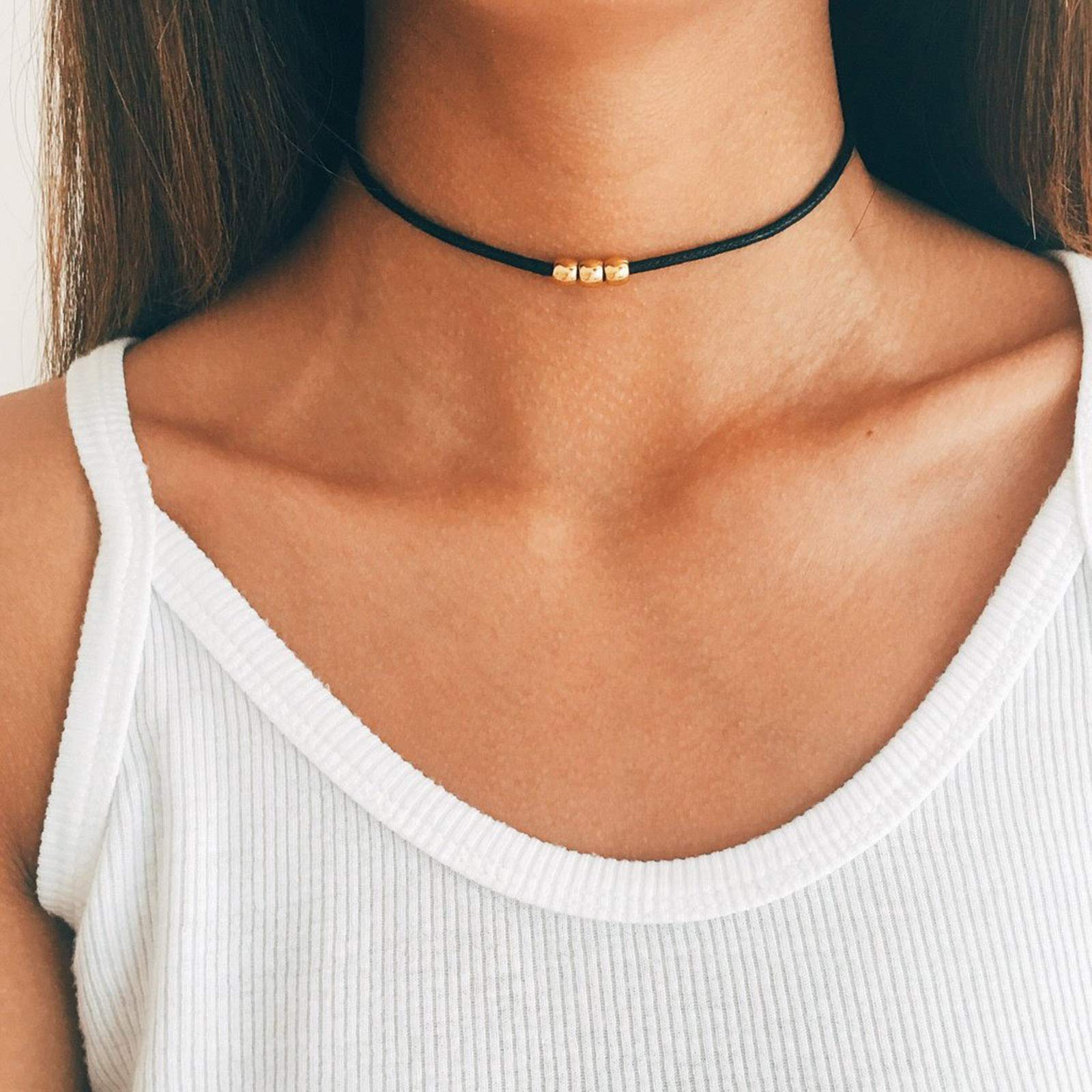 TseenYi Boho Turquoise Bead Choker Necklace Short Black Necklace Simple Collar Necklace Jewelry for Women and Girls (Gold)