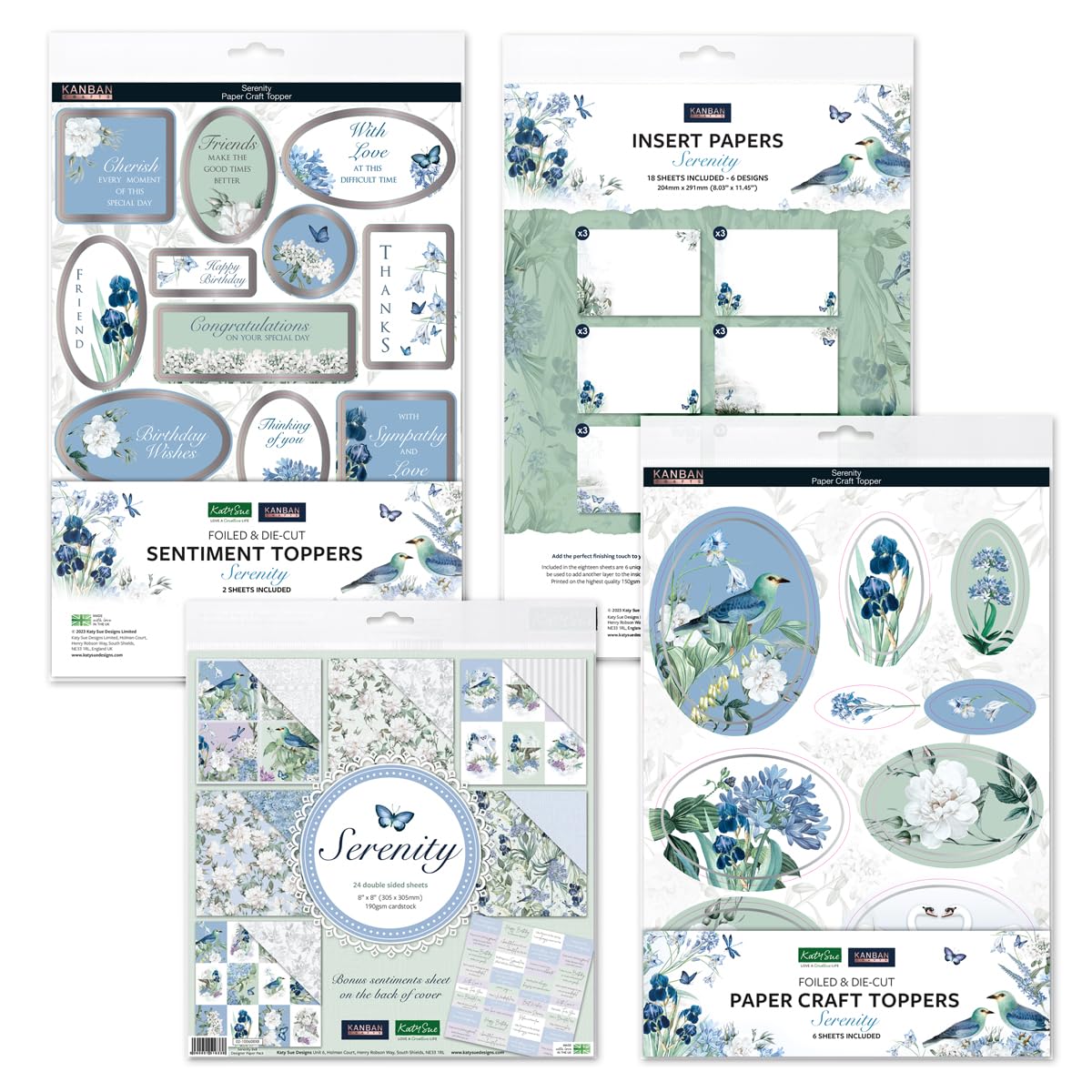 Katy Sue Serenity Papercraft Bundle. Contains 24 Sheets of 8 x 8 Inch Papers, 6 Sheets Papercraft Toppers, 2 Sheets Sentiment Toppers & 18 Insert Papers for Card Making Supplies