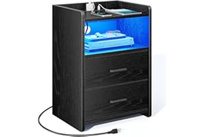 DEPAD Nightstand with Charging Station and LED Light Strip, Night Stands with 2 Drawers, Side Table for Bedroom, LED Black Nightstands (13.78" D x 15.75" W x 23.62" H)