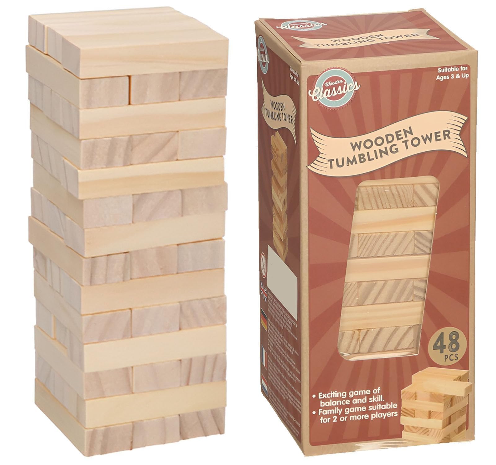 D.A.Y. Republic Traditional Wooden Tumbling Tower Block Game, Family Fun for Kids and Adults, Classic Children's Stacking Game that Promotes Speed, Reaction and Tactics (Large Tumbling Tower Blocks)