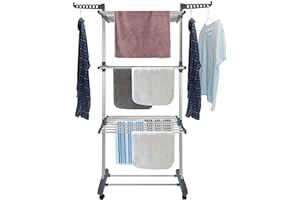 Bigzzia Clothes Drying Rack Folding Drying Rack Clothing 4 Tier Clothes Horses Rack Stainless Steel Laundry Drying Rack with Two Side Wings Grey