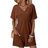 AlvaQ Rompers for Women Solid Color Casual Short Sleeve V Neck Zipper Short Jumpsuits with Pockets