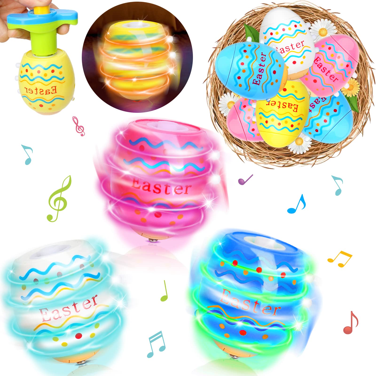 Photo 1 of Ancesfun 6 PCS Easter Eggs Spinning Tops Toy for Kids, Light Up Flashing Spin Toys with LED Gyroscope for Party Favors, Glow in The Dark Supplies, Goodie Bag Stuffers, Easter Gifts for Kids