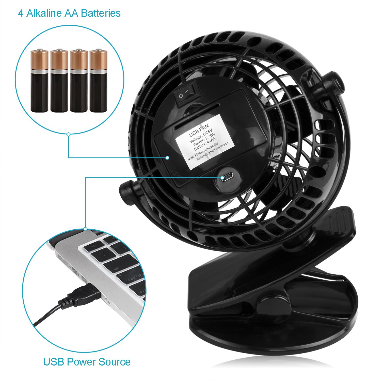 Gazeled Clip on Fan Battery Operated, 360° Rotation, with 8 Free AA Batteries, Quiet USB or Battery Operated Fan, 5'' Portable Battery Powered Clip on Fans for Camping, Stroller, Bedroom, Outdoor