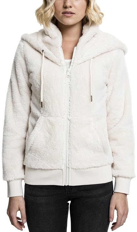Urban Classics Damen Kapuzenpullover Teddy Zip Hoodie, lang geschnittener Teddy-Fleece-Pullover mit Reißverschluss und hohem 