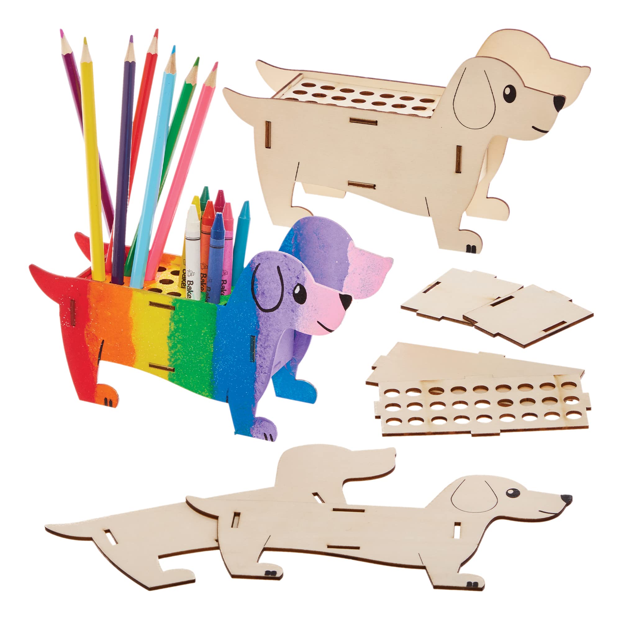 Baker Ross FX689 Sausage Dog Wooden Pencil and Crayon Holder Kits - Pack of 3, Wood Craft Kits for Kids