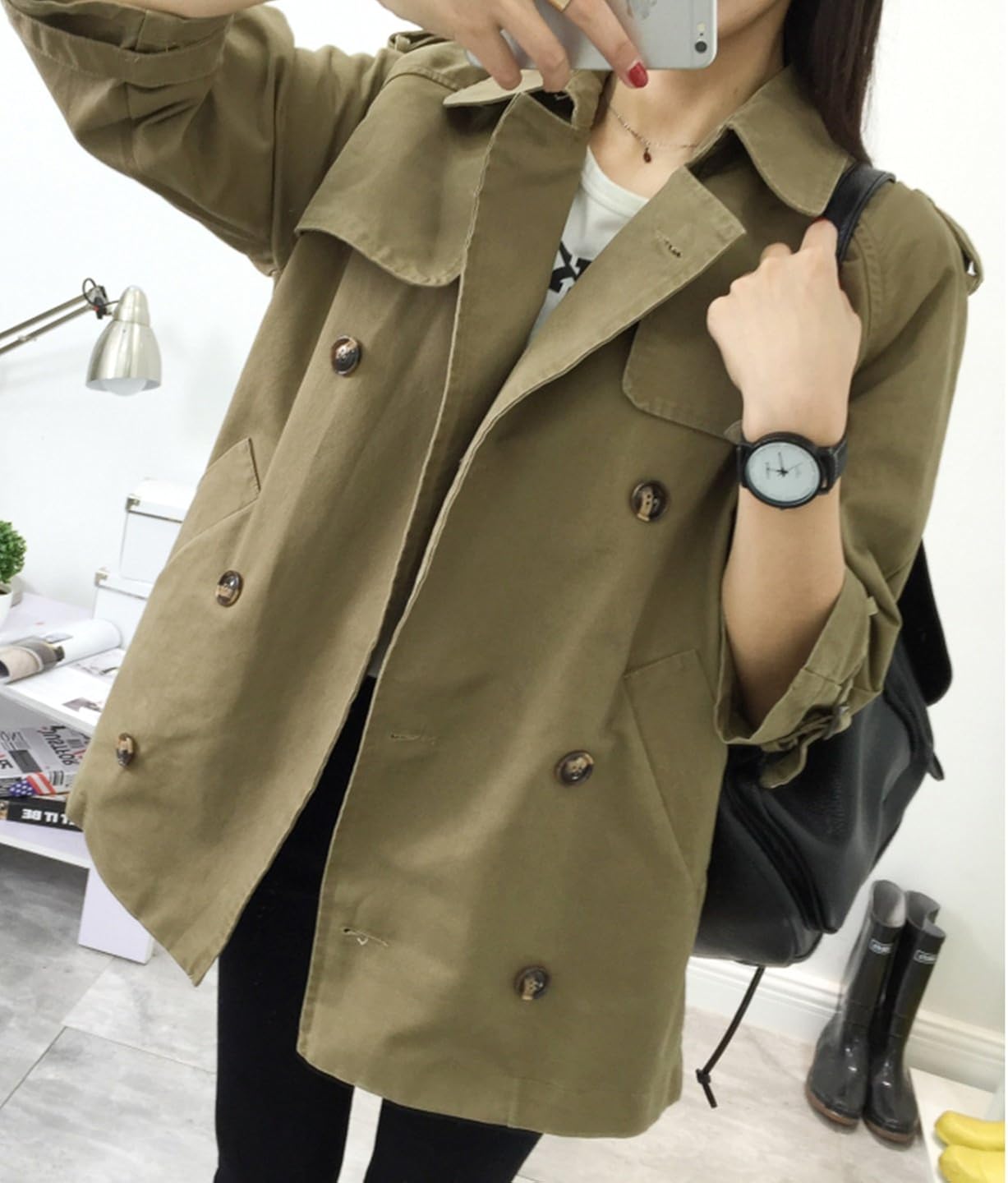 Amazon レディース アウター コート ジャケット ショート丈 トレンチコート ダブルブレスト スプリングコート ハーフコート トッパーコート 秋コート 襟付き Aライン カジュアル ライトアウター 外着 上着 秋冬 K9314 M カーキ コート ジャケット 通販