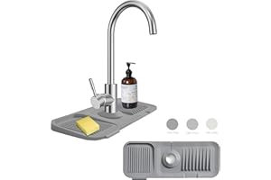MOODKEY Kitchen Sink Splash Guard Sponge Holder for Kitchen Sink Silicone Faucet Handle Drip Catcher Tray Sink Protector for Kitchen Sink Faucet Mat Fits the Faucet Tube within 2.5"(dark grey, 14.6'')
