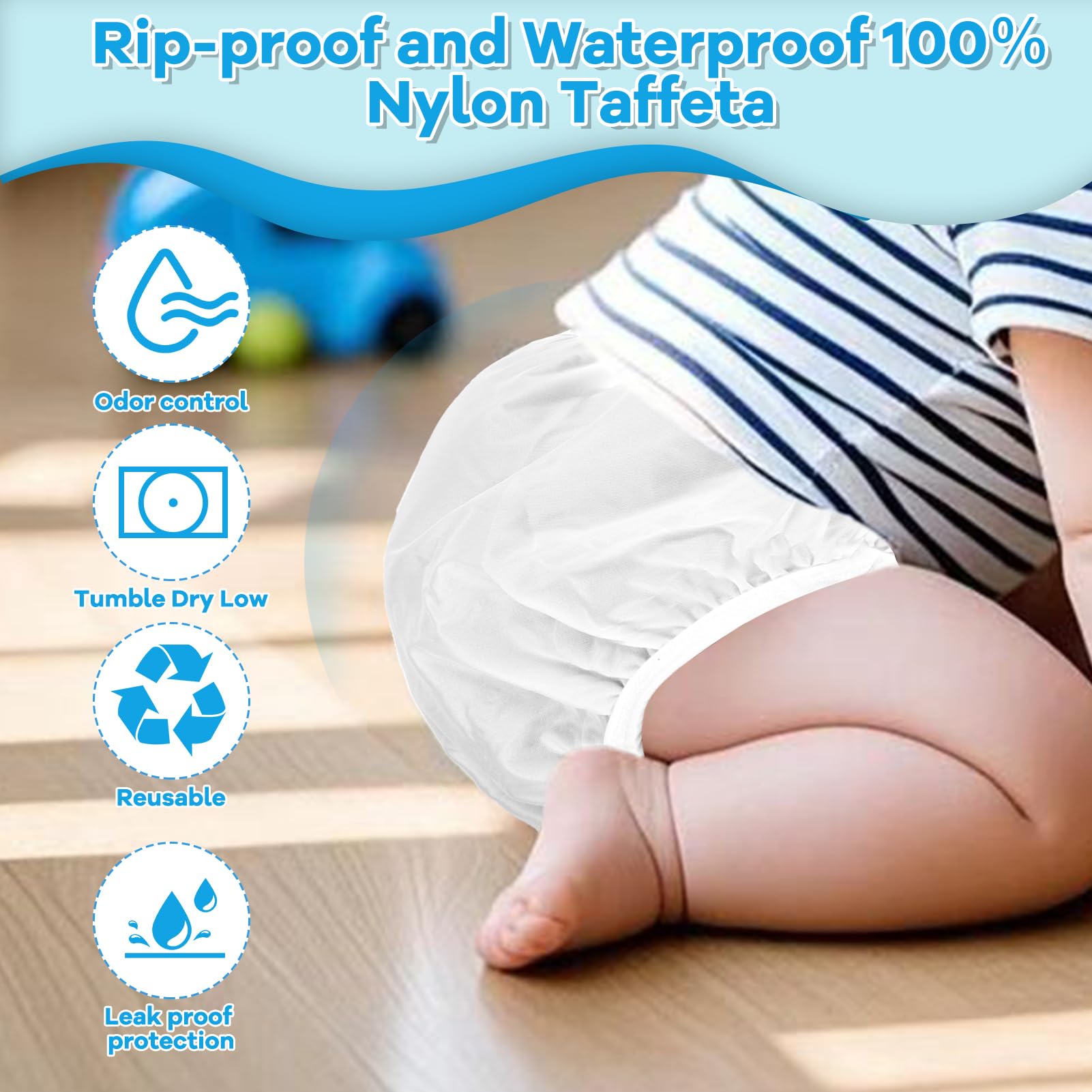 Reusable Waterproof 100% Nylon Taffeta Diaper Pants for Potty Training & Swimming, Leak-Proof & Rip-Proof, Medium (Fits 20-25 lbs), 4 Counts