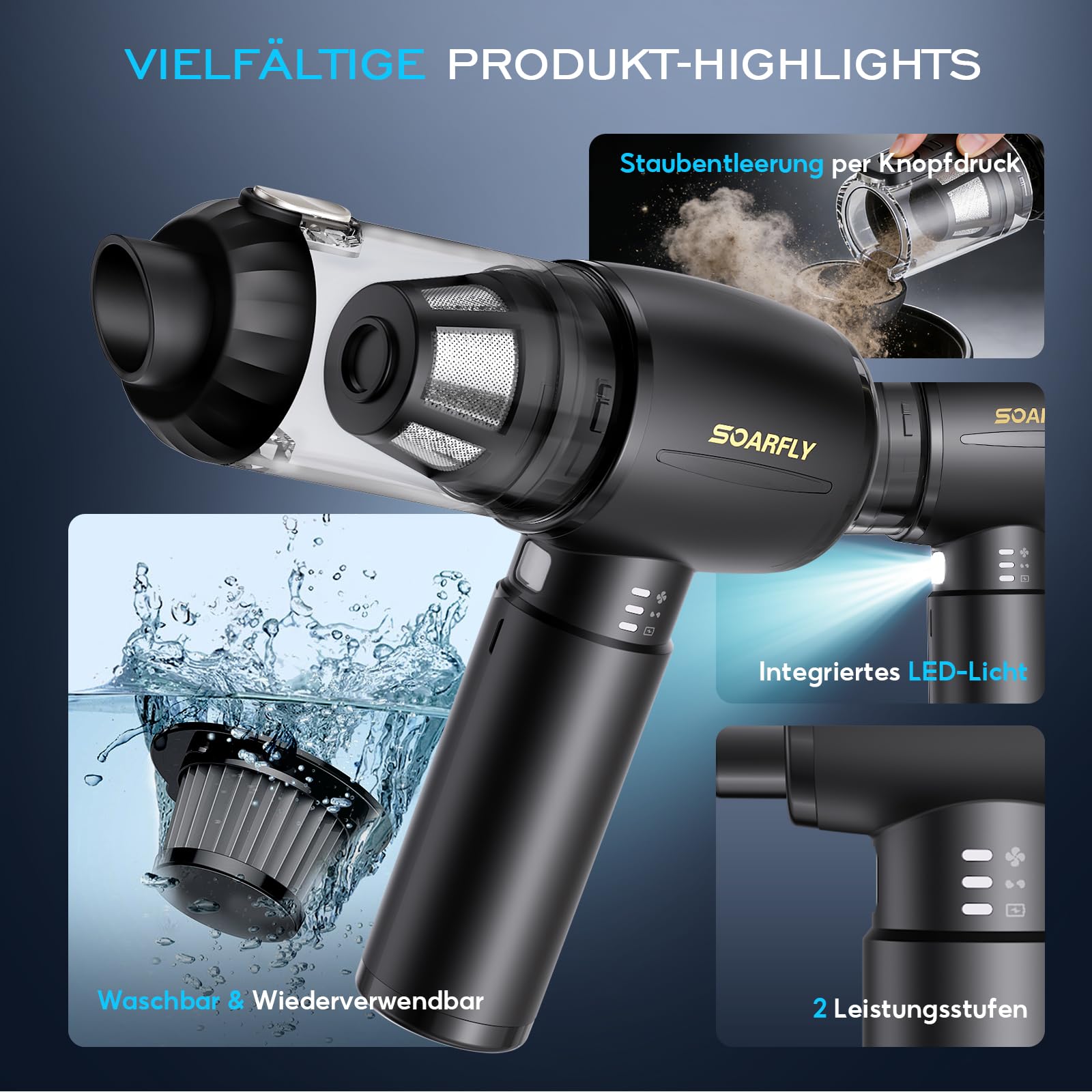 SoarFly Handstaubsauger Akku, 25000Pa 4 in 1 Auto Mini Staubsauger Kabellos Stark mit LED Licht, 2-Gang Elektrische Staubgebläse mit Bürstenloser Motor für den Auto, Küche, PC, Sofa, Büro 6