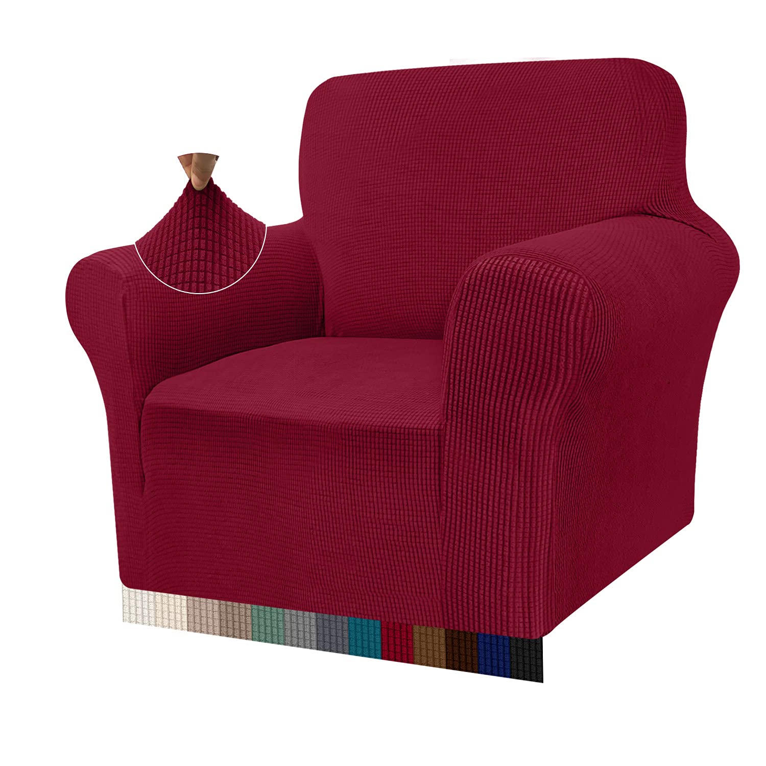 Granbest High Stretch Armchair Covers Super Soft Chair Covers for Living Room Jacquard Sofa Cover for Dogs Non Slip Chair Slipcover with Arms Furniture Protector (1 Seater, Wine Red)
