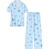 Umeyda Girls Pajamas Set Button Down Notch Collar Soft Short Sleeve Pjs Set with Long Pant Set Lounge Set