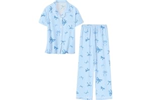 Umeyda Girls Pajamas Set Button Down Notch Collar Soft Short Sleeve Pjs Set with Long Pant Set Lounge Set