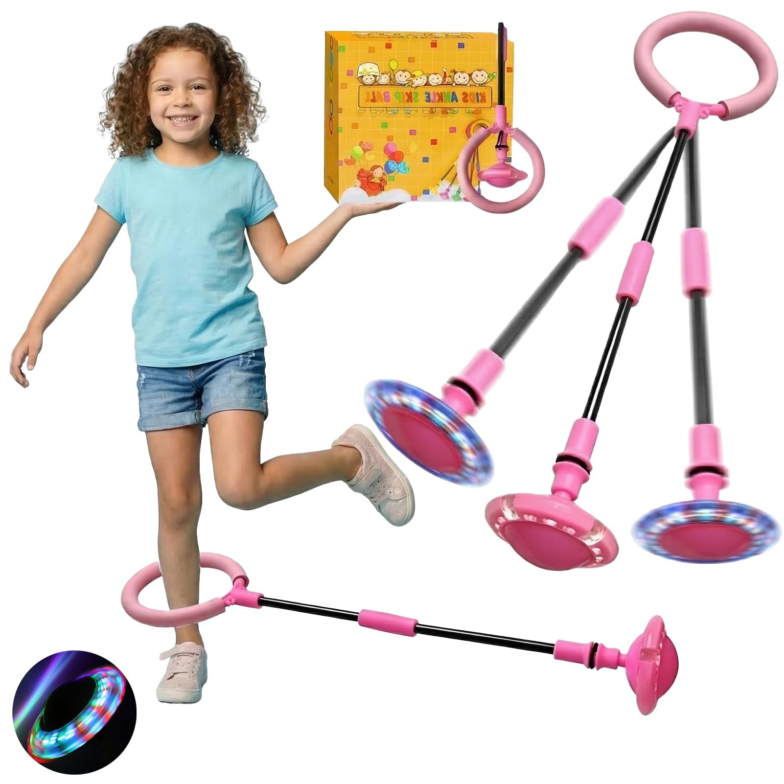 OHiZVZV Skip Ball for Kidswith Flashing LED Lights, Foldable Jump Rope Swing Ball for Girls Boys Outdoor Games, for GirlsAge 5-12 (Pink, Boxed)