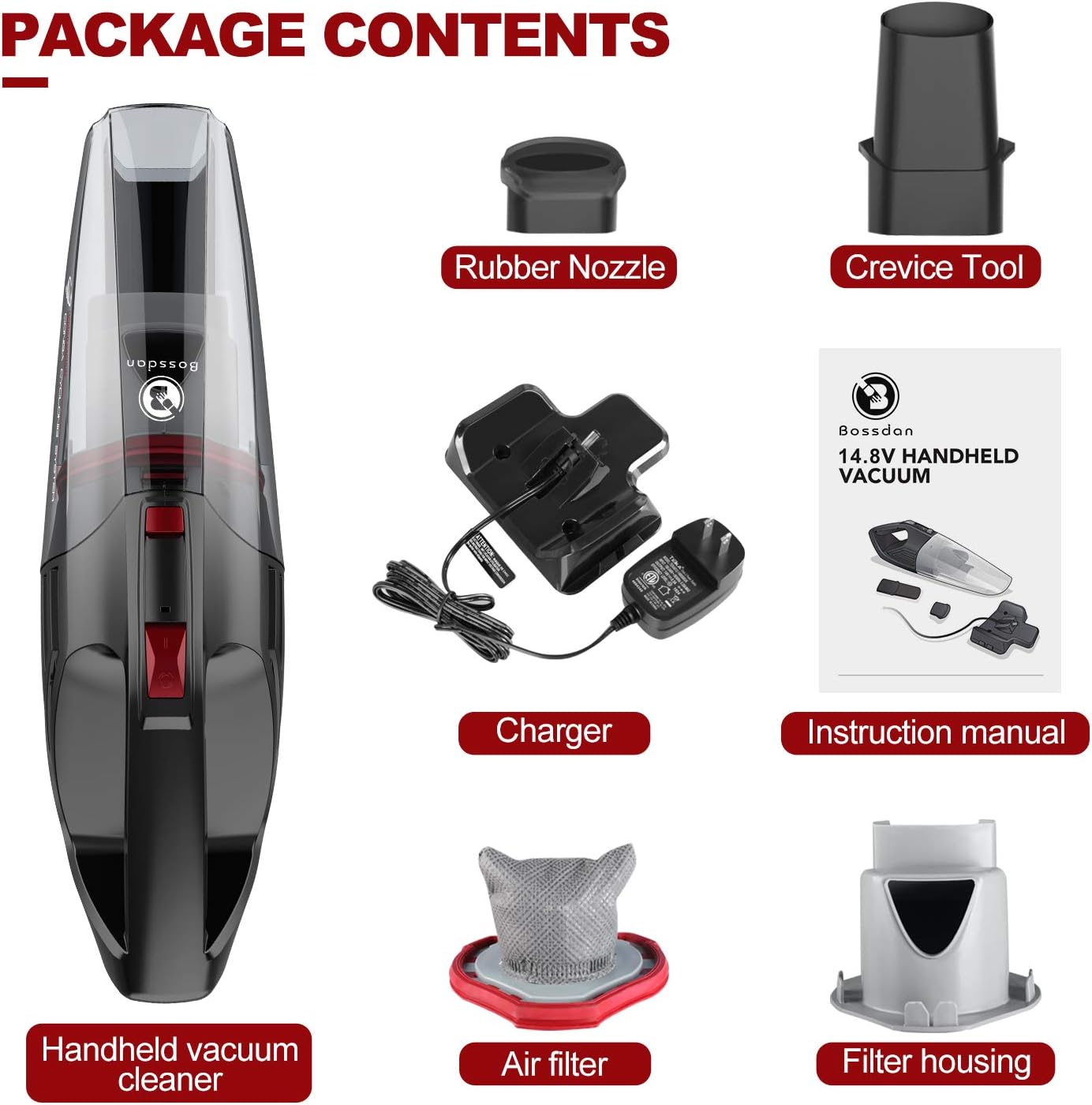 Bossdan Handheld Vacuum, Cordless and Portable Vacuum, 8Kpa Hand Vacuum with Powerful Suction, Wet and Dry use: Home & Kitchen
