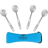 Stainless Steel Camp Sporks by Tapirus - Set of 4 - Save Space When Camping, Hiking or Backpacking - Heavy Duty Fire Proof Metal Tool - Long Handled, Reusable and Extra Light For Travel - With Case