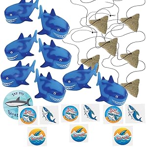 Shark Party Favors for 12 - Shark Tooth Toy Necklaces (12), Shark Tattoos (36), a Shark Birthday Sticker and 12 Shark Squirt Toys (Dark Blue)