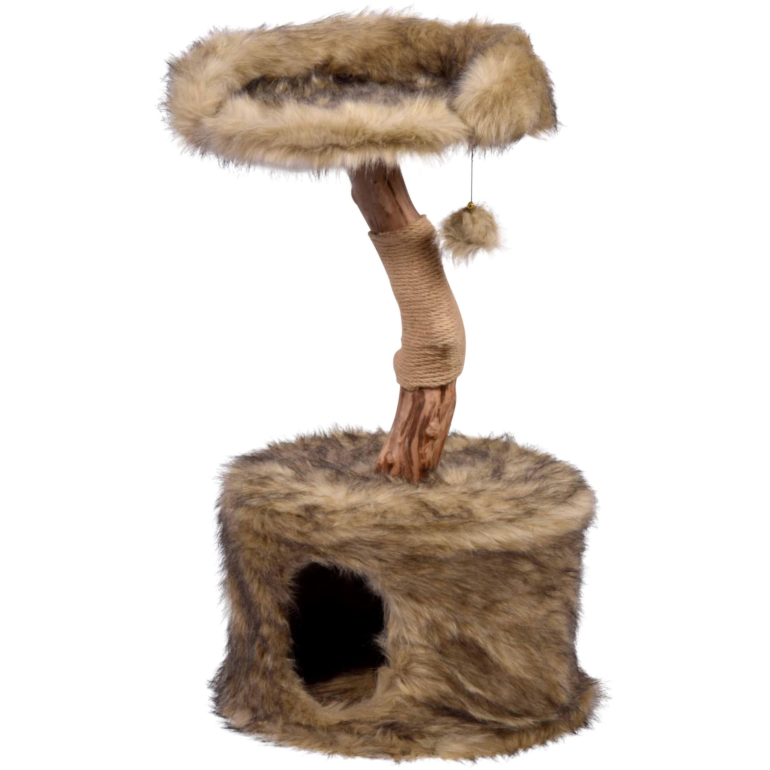 dobar® Ruby 35288FSCe Design Cat Scratching Post Natural Wood Cat Furniture with Play Ball Cat Cave with Plush and Lying Surface Claw Care with Jute Diameter 45 x 78-88 cm Brown