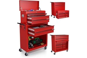 LegacyAmerhome Tool Chest Cart, 5 Drawers Tool Chests & Cabinets Cart with Wheels and Locking System, 2-in-1 Detachable Top Tool Box, Thickening Metal Tool Box for Garage, Workshop, Barbershop, Red