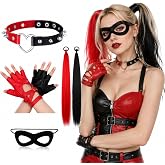 Bonuci 4 Pcs Halloween Joker Costume Accessories for Women Black Red Set | Clown Outfit, Fingerless Gloves Leather Heart Choker Collar, Hair Extensions, Elastic Tie Eye Mask, Masquerade Cosplay Party
