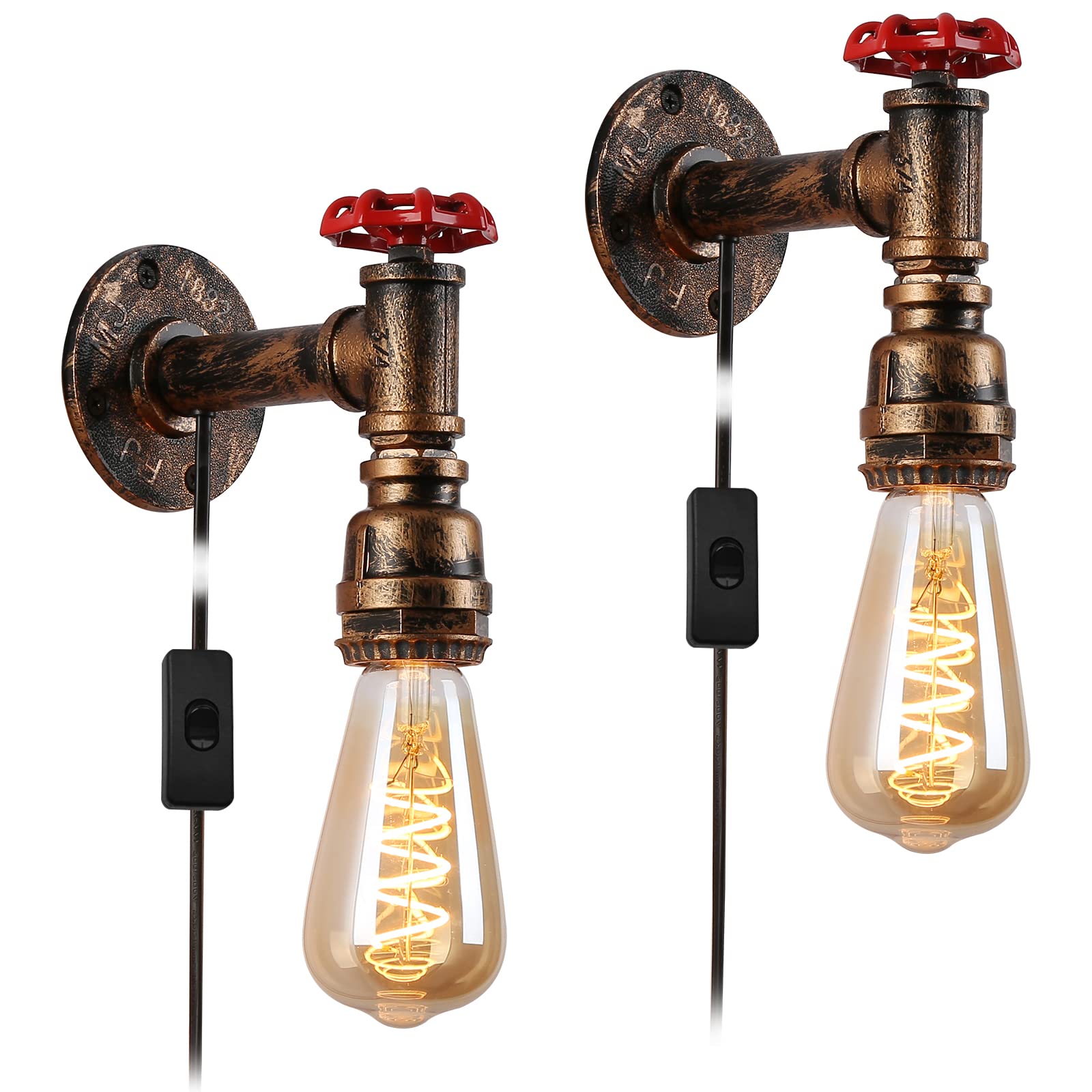 Hefoklu Industrial Pipe Lamps Set of 2 Wall Lamps with Plug in Cord for Bedroom Bedside Lighting Brass Vintage Gold Water Pipe Steampunk Sconces Farmhouse Mounted Fixtures E27 Socket with Switch