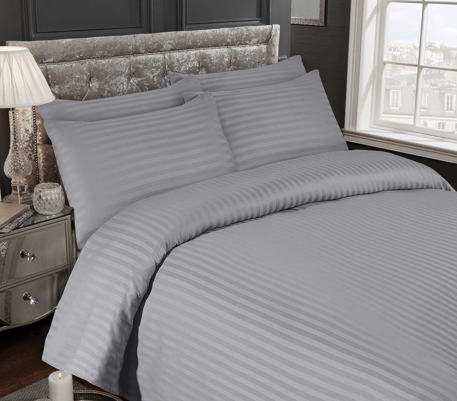 Belle Home Grey King Stain Stripe Duvet Cover Set With Pillowcases 100% Egyptian Cotton 300 Thread Count Quilt Bedroom Bedding Set