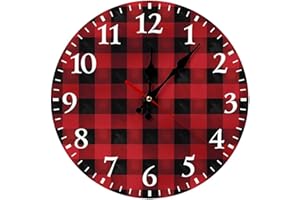FekiLoot Red Black Buffalo Check Plaid Wall Clock Round for Home, Battery Operated Wall Clocks for Bedroom, Fashionable Silen