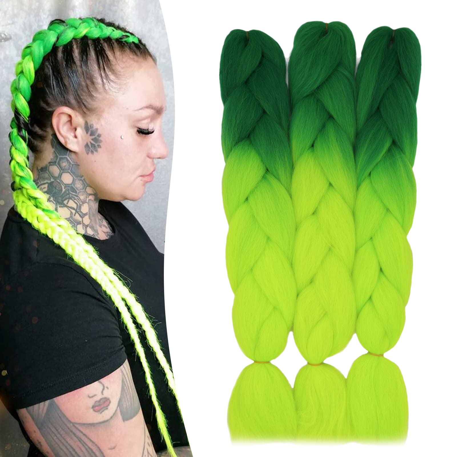 24" Braiding Hair Extension Jumbo Braids Synthetic 3bundles/pack Crochet Hair Afro Box Braid Heat Resistent(Dark Green&Yellow Green) โ image 1