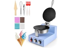 Popfoodex Commercial Waffle Cone Maker - 1200W Commercial Ice Cream Cone Maker w/ 8’’ Non-stick pan and 122–572°F Adjustable Temp, Waffle Cone Maker Machine w/Shaper Roller and Timer, for Restaurants