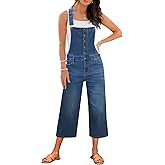 luvamia Denim Overalls for Women Stretchy Capri Jean Jumpsuit Loose Fit Summer Cropped Wide Leg Button Front Bib Overall
