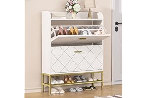 VTRIN Cabinet With 2 Flip Drawers, Wooden Shoe Organizer, Modern Sturdy Hidden Rack With Metal Legs, Narrow Storage for Entryway, White