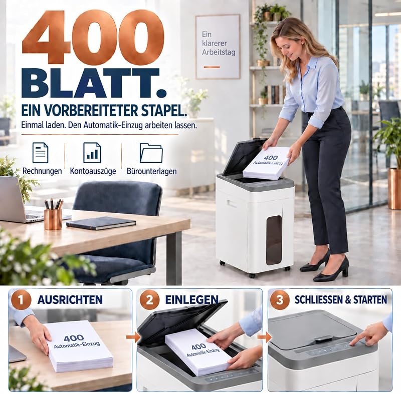 400-Blatt-Aktenvernichter mit automatischem Einzug, P5 Mikroschnitt