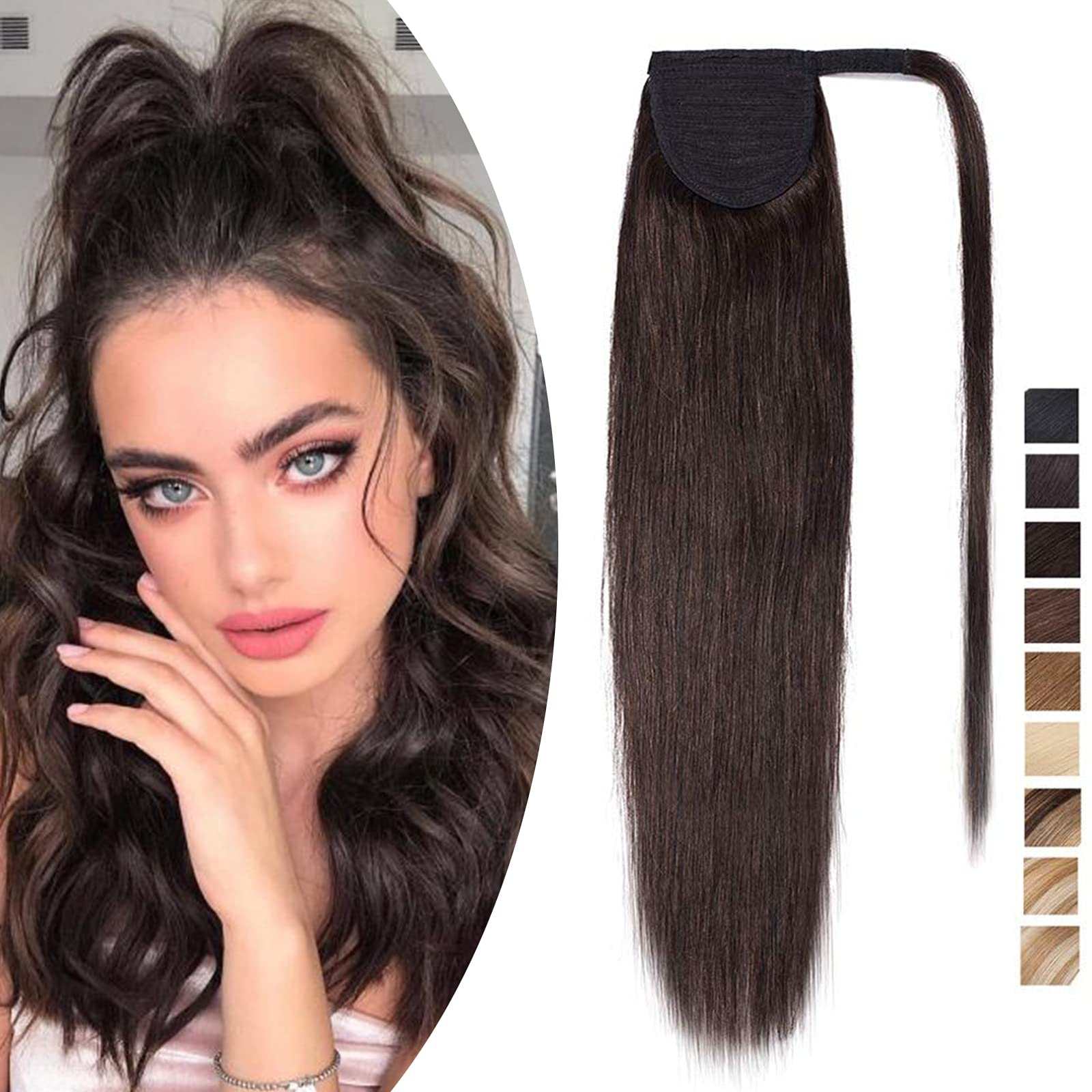 16 inch SEGO Wrap Around Ponytail Extension Human Hair 100% Real Remy [#2 Dark Brown] One Piece Clip in Hairpieces for Women Straight (80g)