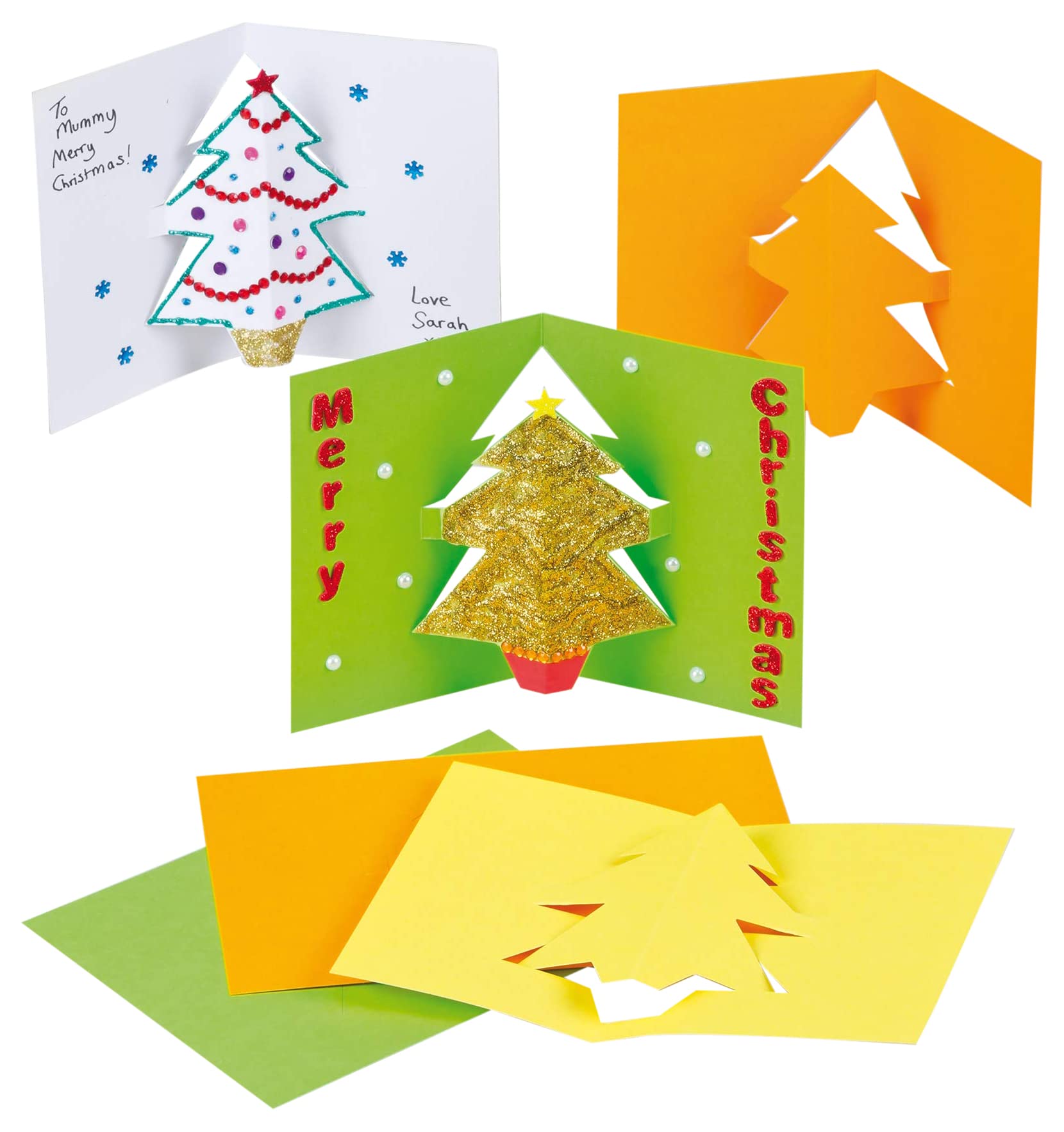 Baker Ross EF464 G793 Christmas Tree Pop Out Cards for Children to Decorate and Embellish (Pack of 8), Assorted