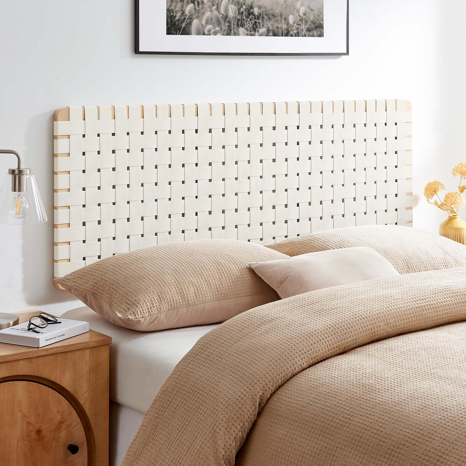 Photo 1 of Modway Sparta Vegan Leather Weave Queen Headboard in Natural Beige, Faux Leather Queen Headboard Only with Wall Mount Design for Bedroom or Guest Room