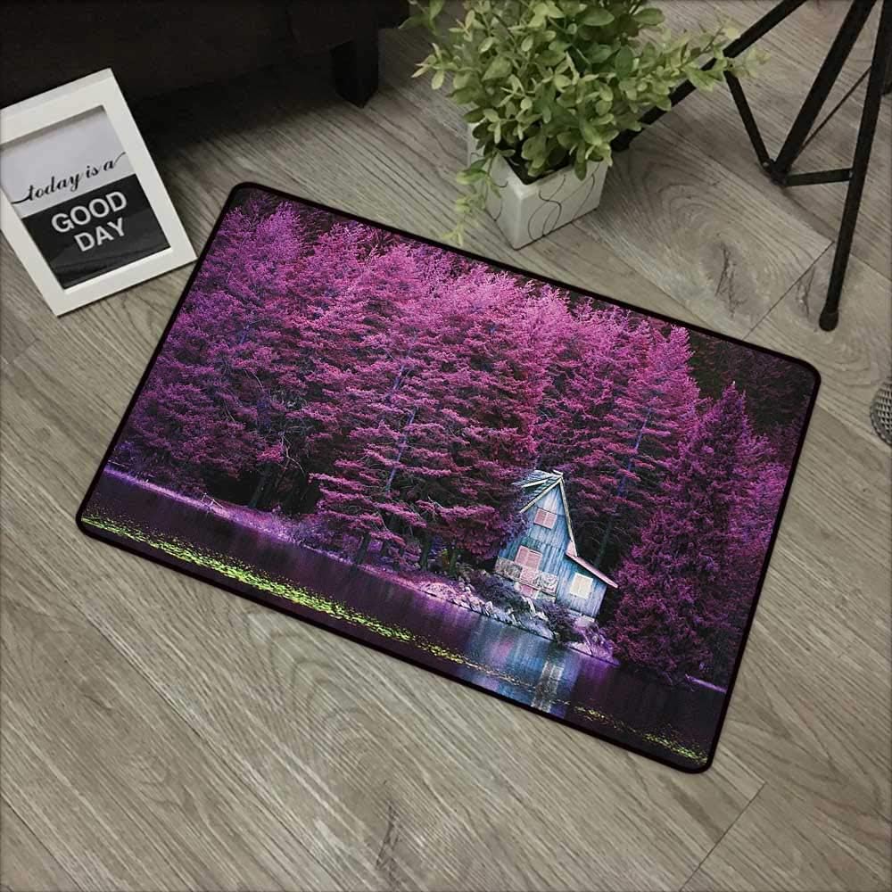 Buck Haggai Patio All-Weather mat Lavender,Purple Trees by a Lake with Blue Wooden Rustic Lakehouse Lodge Romantic Spring Nature, Purple,for Kitchen Dining Living Hallway Bathroom 16"x24"