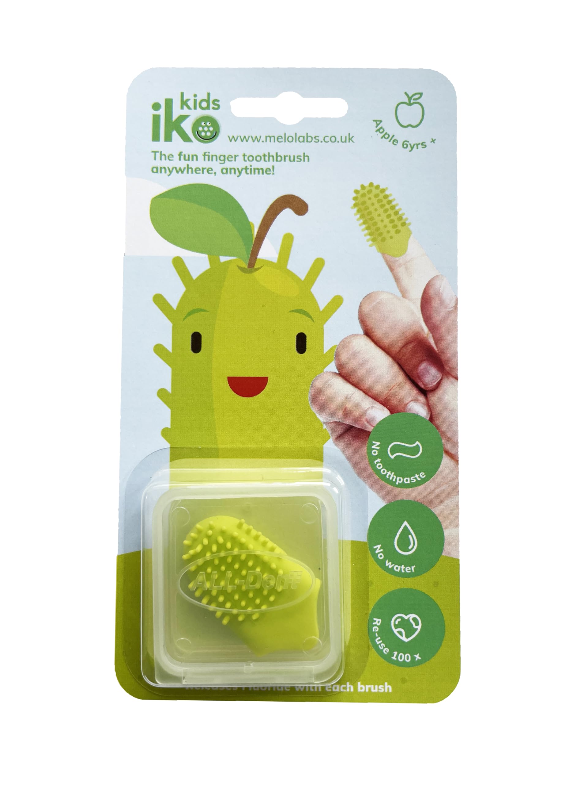 iKo Kids Finger Toothbrush + Clear Case, Soft Touch, No Toothpaste or Water Needed, 100% Recyclable Eco Child/Kids Home Dental Care, Mini Travel Oral Health Holiday Essential 4 Flavours - Apple
