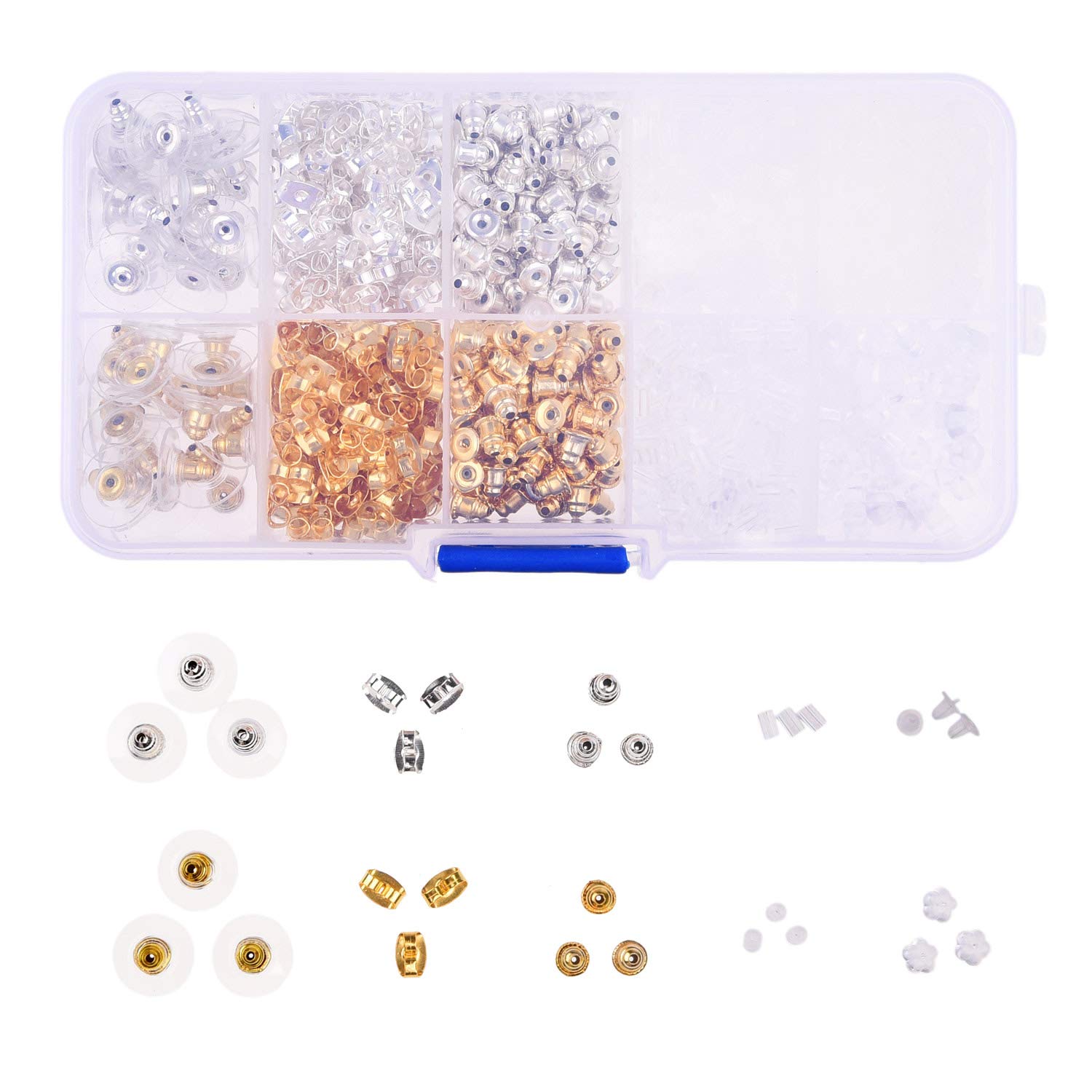 Earring Backs - 1400 Pieces - 10 Different Versions - Butterfly, Bullet Clutch, Flat Back Pad, Cylinder, etc. - Gold/Silver Color and Soft Rubber - Fits Straight Ear Studs or Fish Hook Earrings
