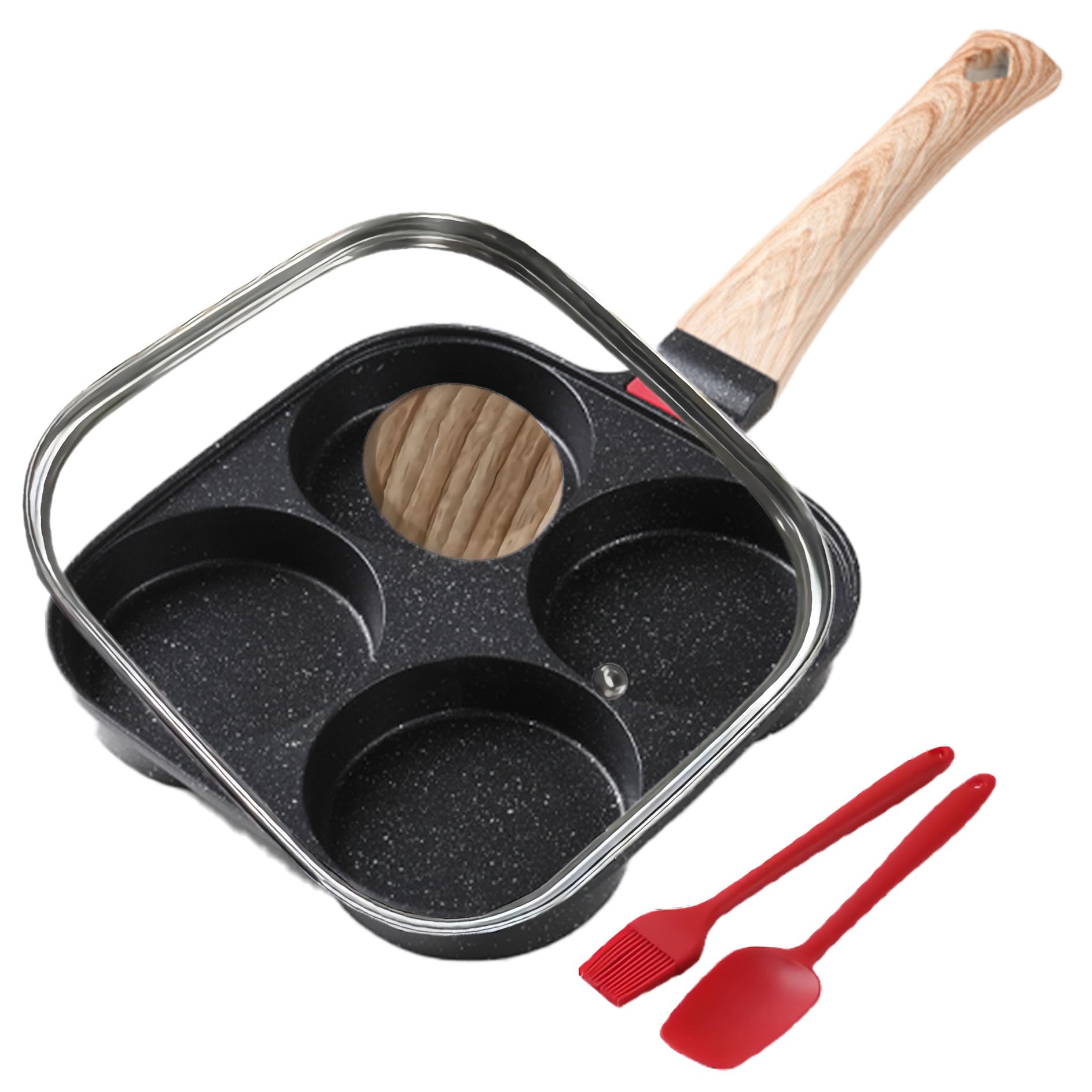 Photo 1 of Foorey Home Egg Pan 4 Cup Nonstick Frying Omelette Pan with Lid for Breakfast Skillet for Eggs Pancake with 1 Spatula 1 Brush Black