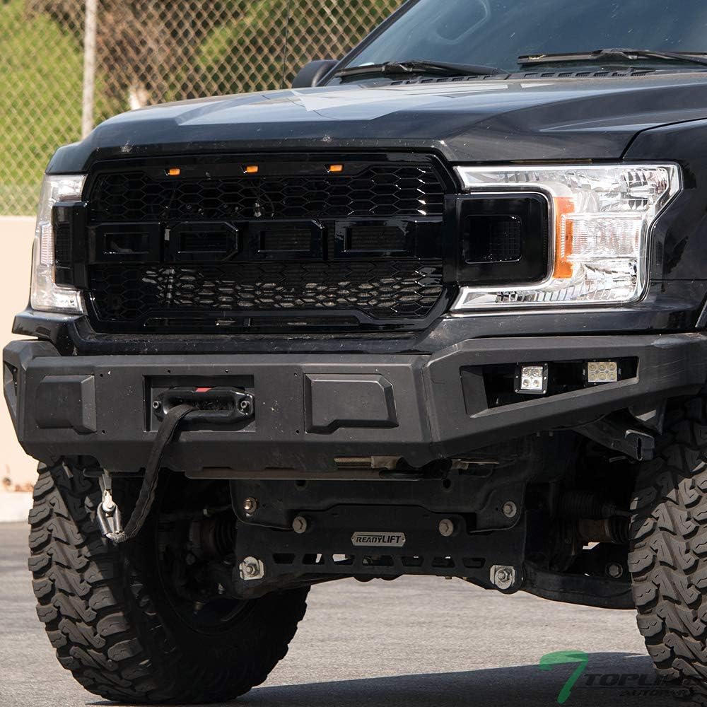 Topline Autopart Glossy Black RP Style Honeycomb Mesh Front Hood Bumper Grill Grille ABS with Amber LED Lights For 18-19 Ford F150