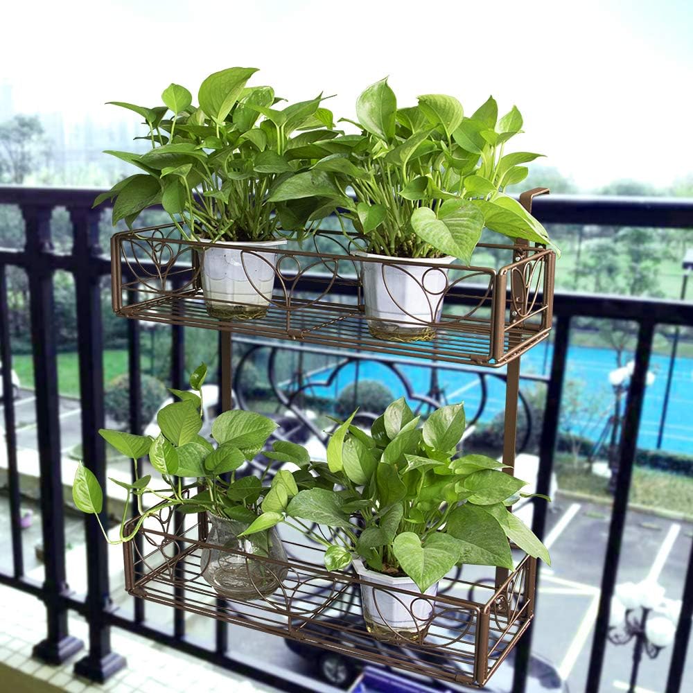 AmnoAmno 2-Tier Balcony Hanging Flower Rack Stand Rail Planters Baskets Pots for Outside, Deck Railing Planters Boxes Outdoor Hanger Stand with Strong Metal Folding Design Easy Installation (Bronze) : Garden & Outdoor