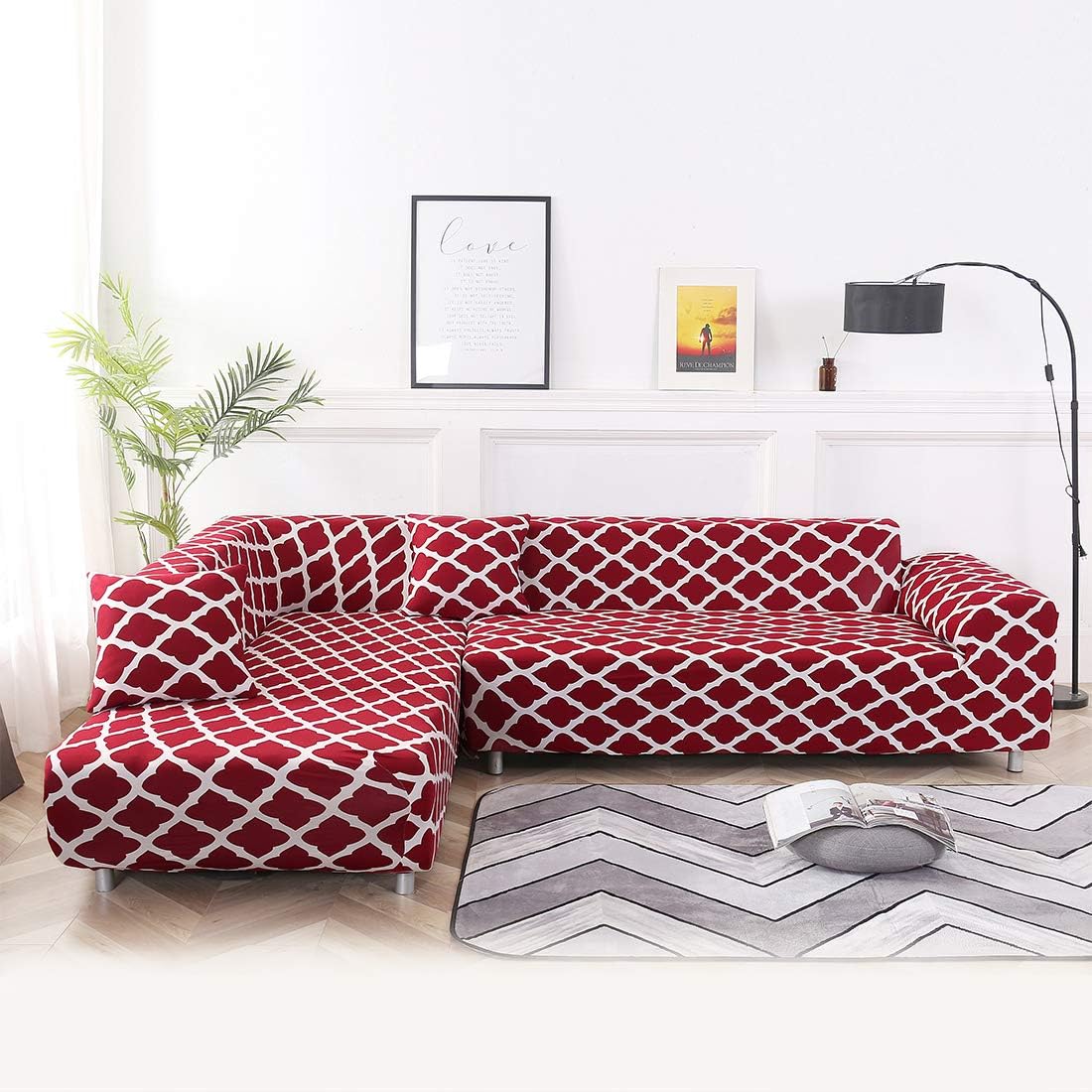 OSISLE High Elastic Printing Polyester L-Shaped Sofa Cover Non-Slip Sofa Cover; 2PCS Elastic Sleeve Sliding Cover + 2 Pillow Cases(L-Shape 3+2 Seats) (BC016)