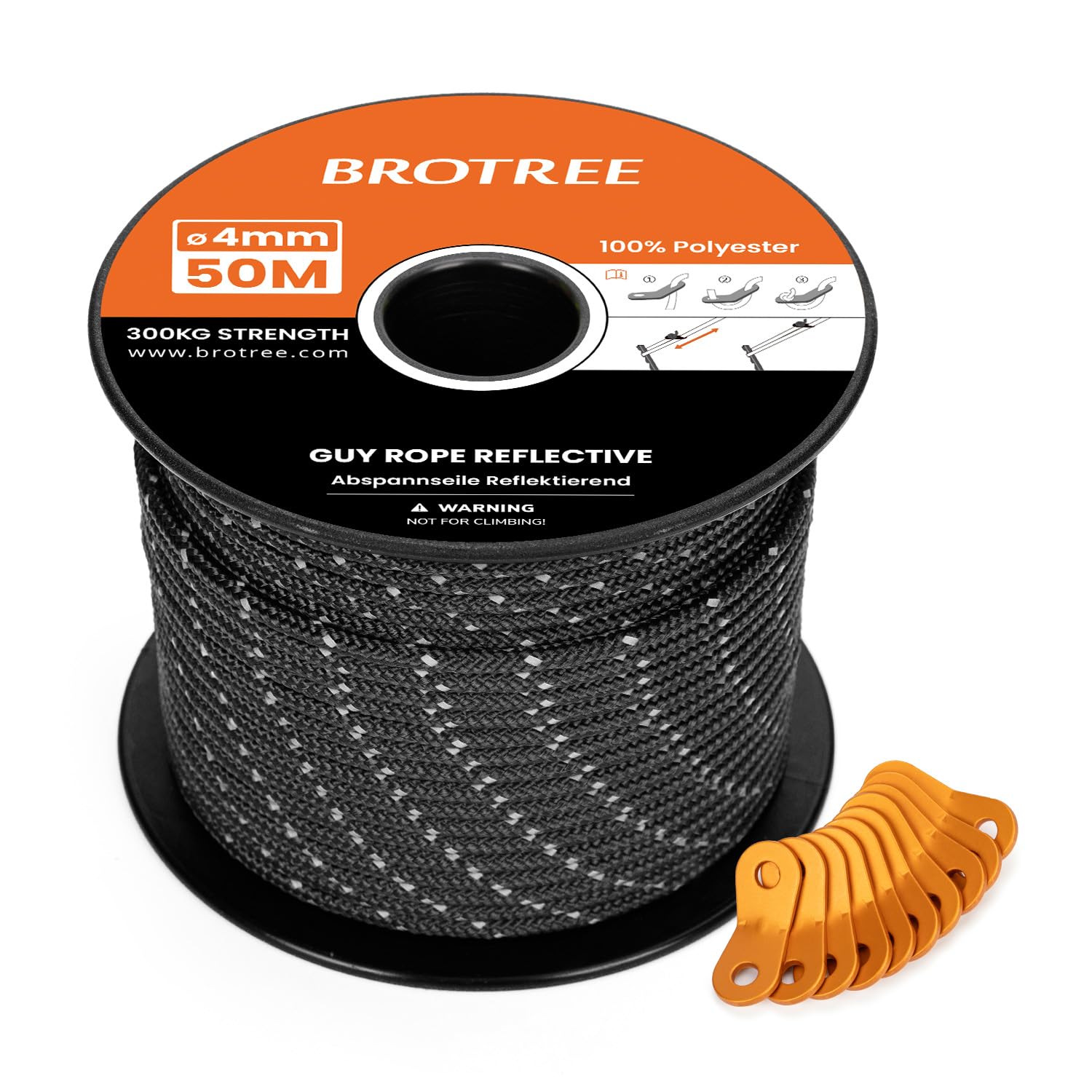 BROTREE Tent Guy Rope 4mm 50m Reflective Guy Line Heavy Duty Guide Rope with 10Pcs Aluminum Tensioners for Tent Gazebo Awning Camping (Black)