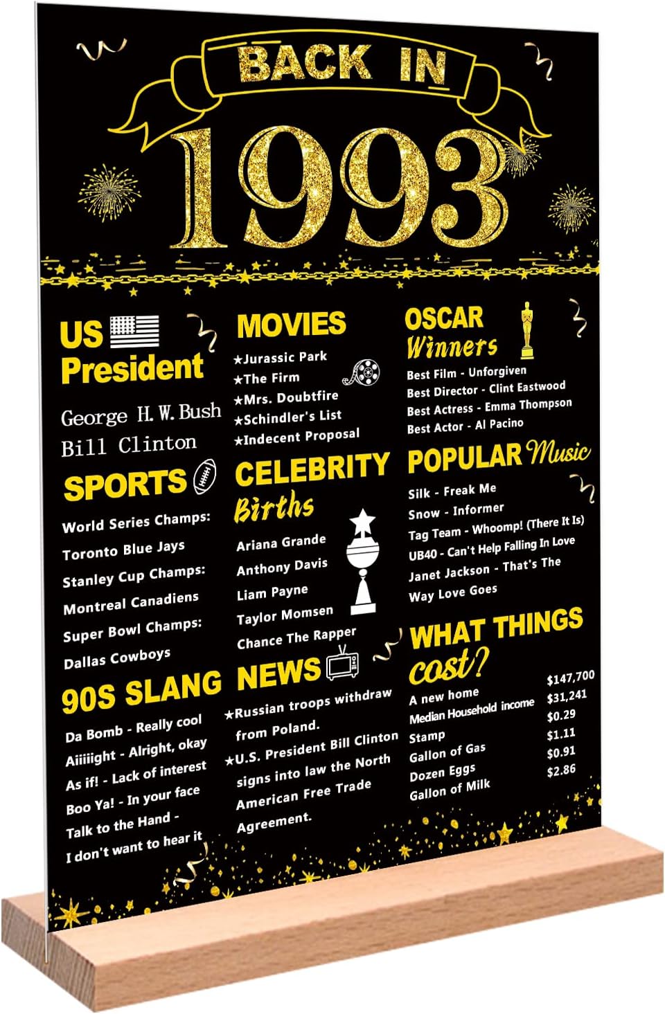 Wall Décor - DARUNAXY Black Gold 30th Birthday Gift for Men Back in 1993 Poster Acrylic Table Sign with Stand 30 Year Old Birthday Party Supplies Vintage 1993 Display Holder 30 Birthday Party Decorations for Women