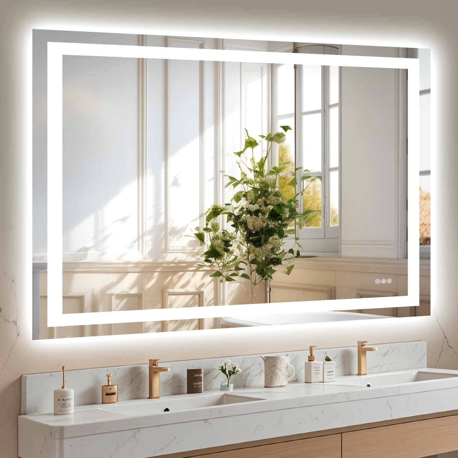 Hivone 48X40 LED Bathroom Mirror with Lights, Anti-Fog, Dimmable, Backlit + Front Lit, Smart Bathroom Vanity Mirror, Memory Function, Shatterproof, Tempered Glass (Horizontal/Vertical) Image