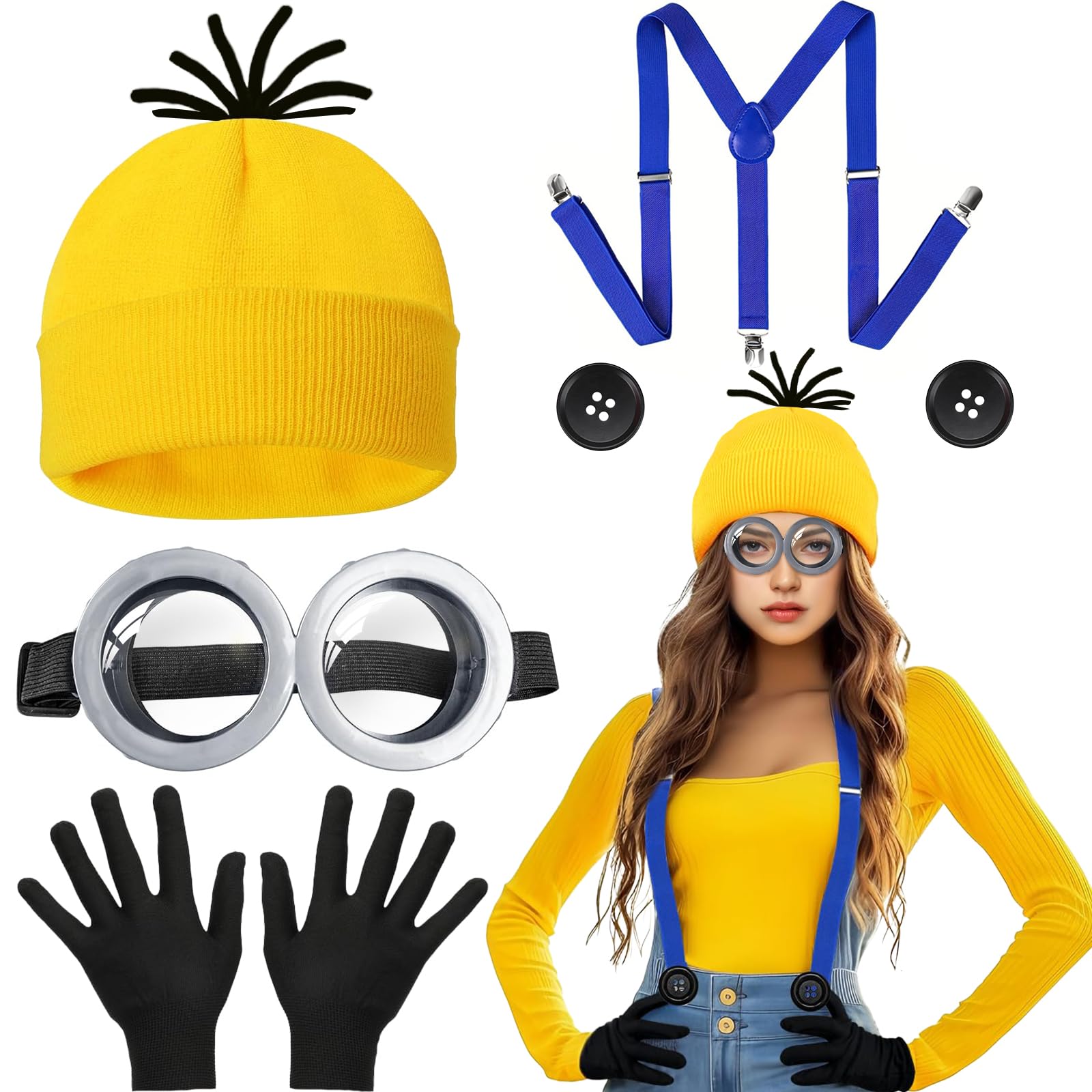 Glirop 6PCS Yellow Costume Accessories for Adult, Fancy Dress Set with Goggles Yellow Beanie Knit Hats Black Gloves Buttons Blue Straps Party Costumes for Halloween Cosplay Party Supplies