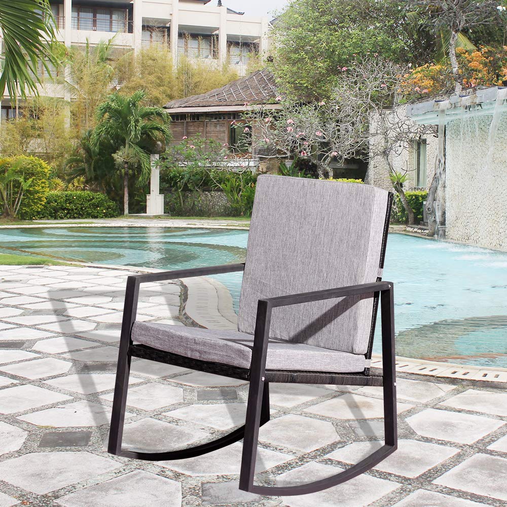 Rhomtree Outdoor Rattan Rocking Chair With Cushion Patio Glider Lounge Wicker Chair Bistro Garden Armchair Patio Seating Chairs